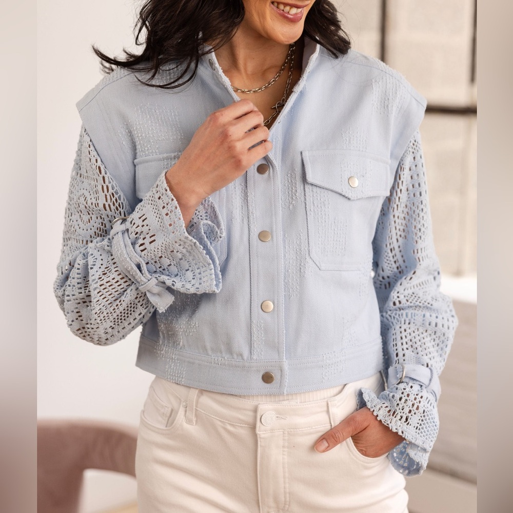 Mystree Light Blue Crochet Sleeve Jean Jacket